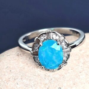 Natural Blue Opal & White Topaz 925 Sterling Silver Ring Sz 7.75