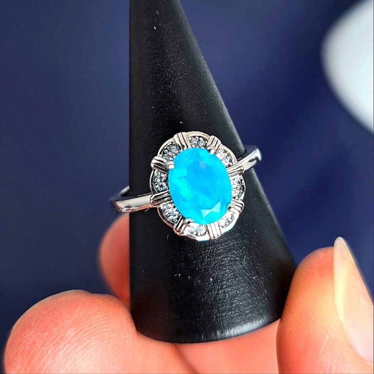 Natural Blue Opal & White Topaz 925 Sterling Silver Ring Sz 7.75