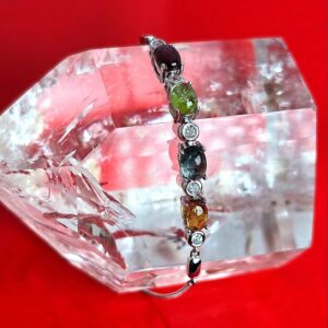 Natural Tourmaline & CZ 925 Adjustable Silver Bracelet.