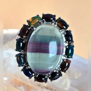 Natural Fluorite & Black Opal 925 Sterling Silver Ring Sz 7.25