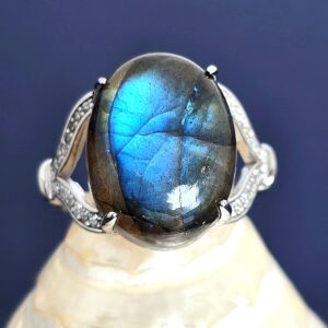 Natural Oval Labradorite & CZ 925 Sterling Silver Ring Sz 6.5