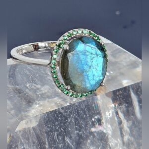 Natural Oval Labradorite & Green Nano Crystals 925 Sterling Silver Ring Sz 7.75