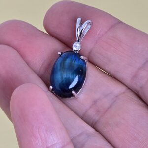 Natural Blue Tiger Eye & CZ 925 Sterling Silver Pendant.