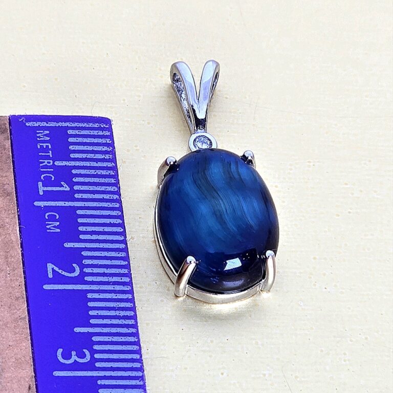 Natural Blue Tiger Eye & CZ 925 Sterling Silver Pendant.