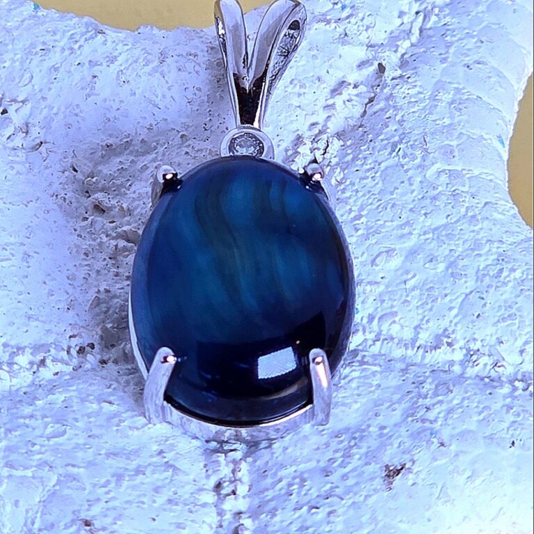 Natural Blue Tiger Eye & CZ 925 Sterling Silver Pendant.