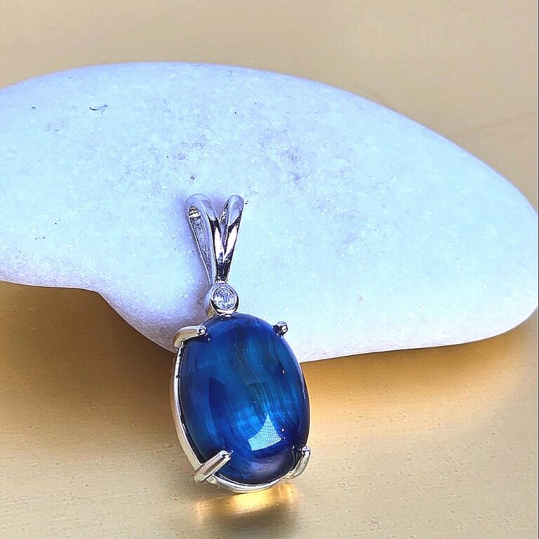 Natural Blue Tiger Eye & CZ 925 Sterling Silver Pendant.