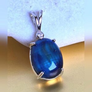 Natural Blue Tiger Eye & CZ 925 Sterling Silver Pendant.