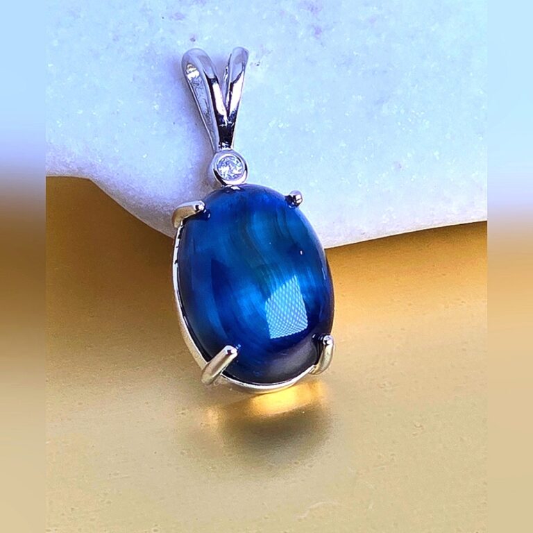 Natural Blue Tiger Eye & CZ 925 Sterling Silver Pendant.