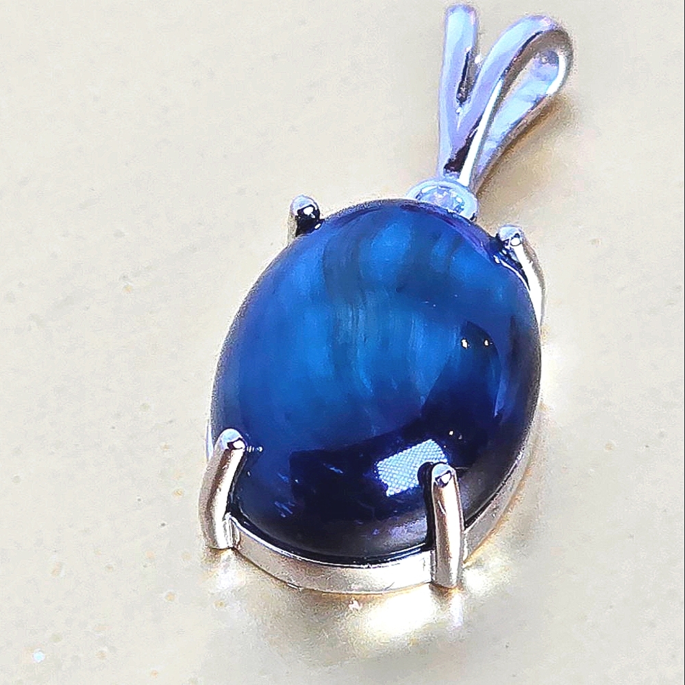 Natural Blue Tiger Eye & CZ 925 Sterling Silver Pendant.