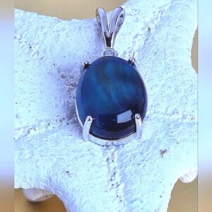 Natural Blue Tiger Eye & CZ 925 Sterling Silver Pendant.