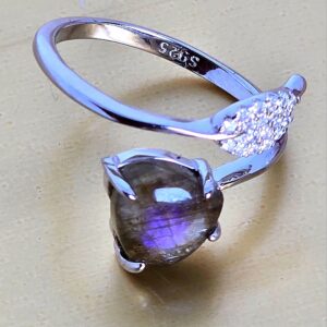 Natural Labradorite & CZ 925 Sterling Silver Ring Sz 6.5