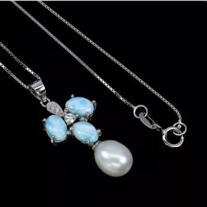 Oval Natural Larimar 6x4mm & Cultured Pearl 925 Sterling Silver Necklace.