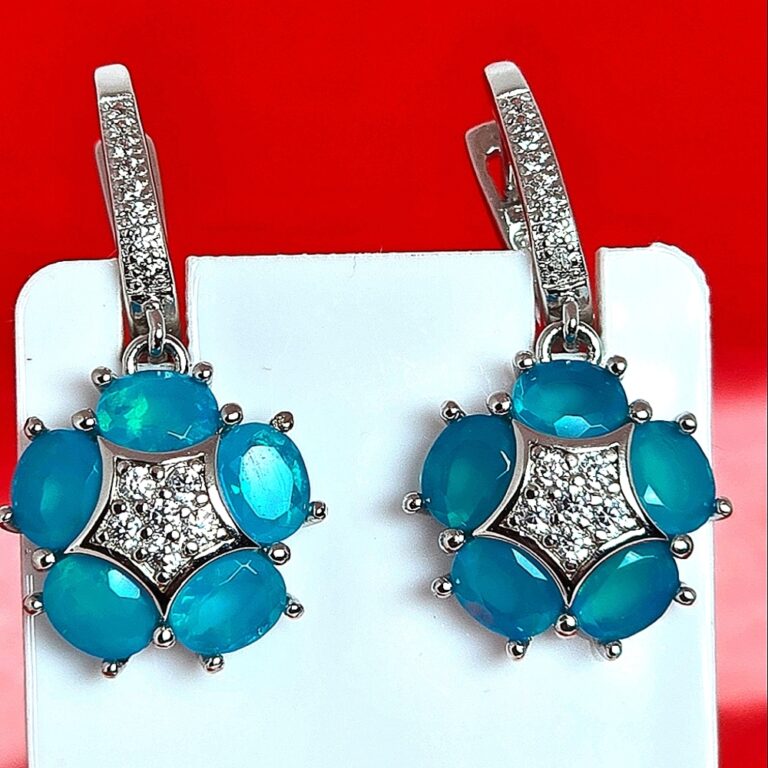 Natural Blue Opal 925 Sterling Silver Set with Earrings, Pendant, Ring Sz 7.75