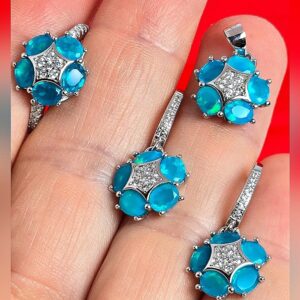 Natural Blue Opal 925 Sterling Silver Set with Earrings, Pendant, Ring Sz 7.75