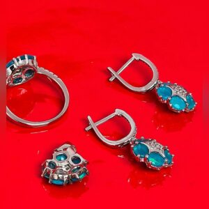 Natural Blue Opal 925 Sterling Silver Set with Earrings, Pendant, Ring Sz 7.75