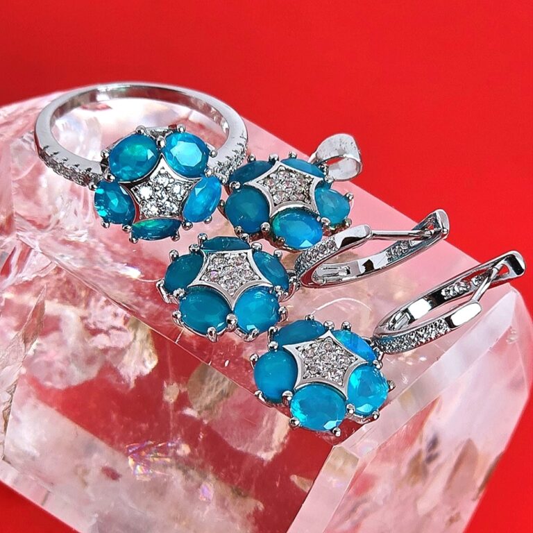 Natural Blue Opal 925 Sterling Silver Set with Earrings, Pendant, Ring Sz 7.75