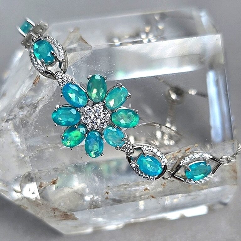 Natural Blue Opal & CZ 925 Sterling Silver Adjustable Bracelet.