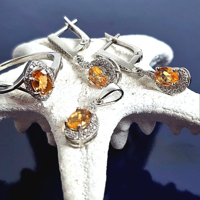 Natural Citrine Set "Flavia". 925 Sterling Silver Earrings, Pendant, Ring 7.5