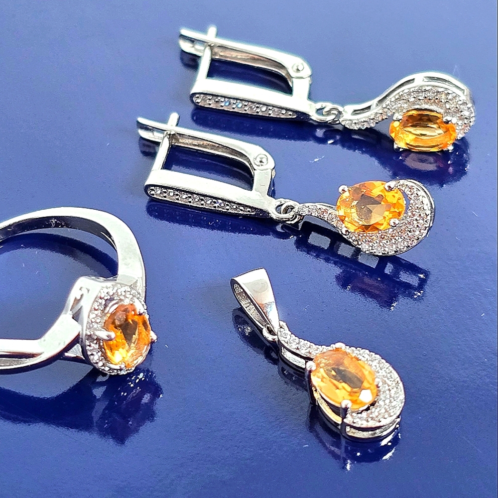 Natural Citrine Set "Flavia". 925 Sterling Silver Earrings, Pendant, Ring 7.5