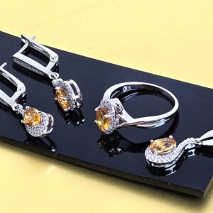 Natural Citrine Set "Flavia". 925 Sterling Silver Earrings, Pendant, Ring 7.5