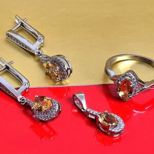 Natural Citrine Set "Flavia". 925 Sterling Silver Earrings, Pendant, Ring 7.5