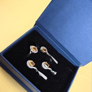 Natural Citrine Set "Flavia". 925 Sterling Silver Earrings, Pendant, Ring 7.5