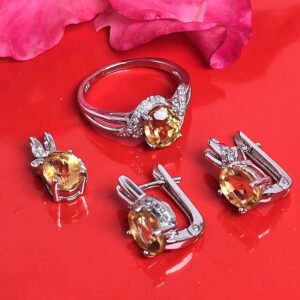 Natural Citrine Set "Oriana". 925 Sterling Silver Earrings, Pendant, Ring 6.5