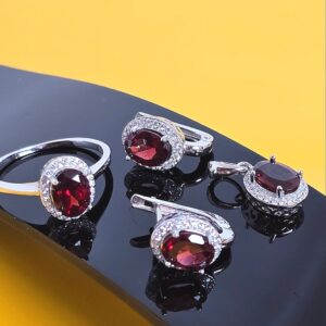 Natural Garnet Set "Sienna". 925 Sterling Silver Earrings, Pendant, Ring Sz 8