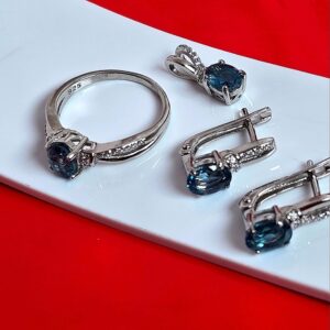 London Blue Topaz Set "Afina". 925 Sterling Silver Earrings, Pendant, Ring 6.5