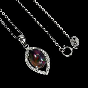 Natural Oval Black Opal 9x7mm and Cz 925 Sterling Silver Necklace.