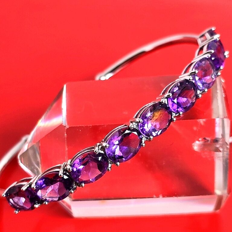 Natural Amethyst 9×7mm 925 Sterling Silver Bangle Bracelet (adjustable)