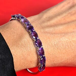 Natural Amethyst 9×7mm 925 Sterling Silver Bangle Bracelet (adjustable)