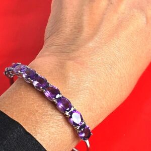 Natural Amethyst 9×7mm 925 Sterling Silver Bangle Bracelet (adjustable)