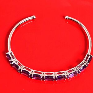 Natural Amethyst 9×7mm 925 Sterling Silver Bangle Bracelet (adjustable)