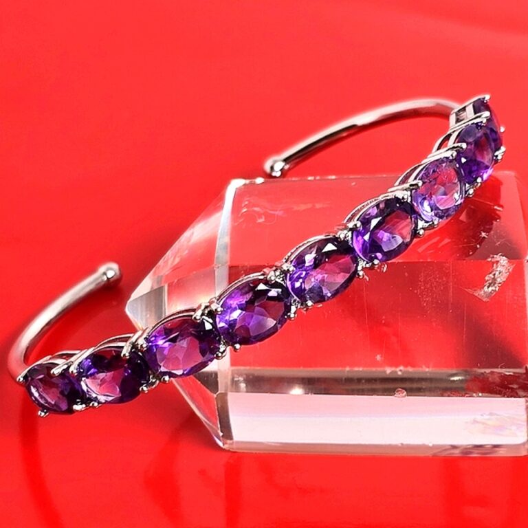 Natural Amethyst 9×7mm 925 Sterling Silver Bangle Bracelet (adjustable)