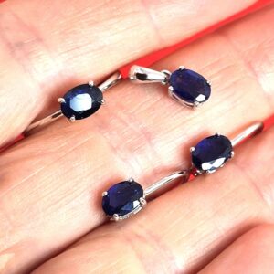 Natural Blue Sapphire set "Celeste". 925 Sterling Earrings, Pendant, Ring 5.75