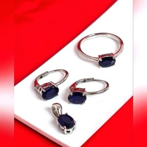 Natural Blue Sapphire set "Celeste". 925 Sterling Earrings, Pendant, Ring 5.75