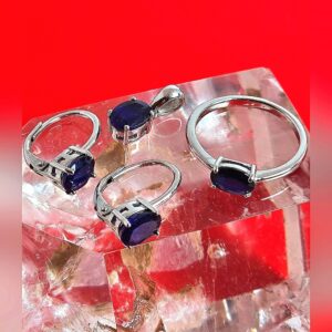 Natural Blue Sapphire set "Celeste". 925 Sterling Earrings, Pendant, Ring 5.75