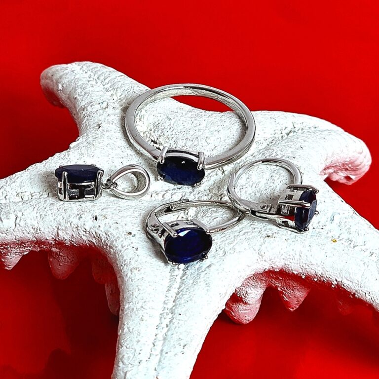 Natural Blue Sapphire set "Celeste". 925 Sterling Earrings, Pendant, Ring 5.75