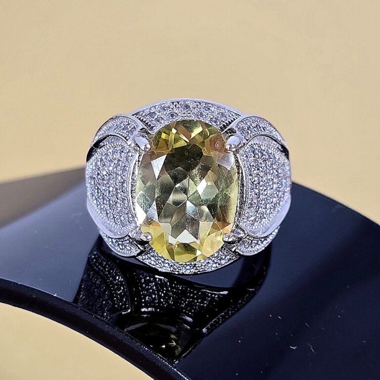 Natural Lemon Quartz 15x11mm & CZ 925 Sterling Silver Ring Sz 8.5