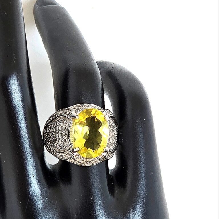 Natural Lemon Quartz 15x11mm & CZ 925 Sterling Silver Ring Sz 8.5