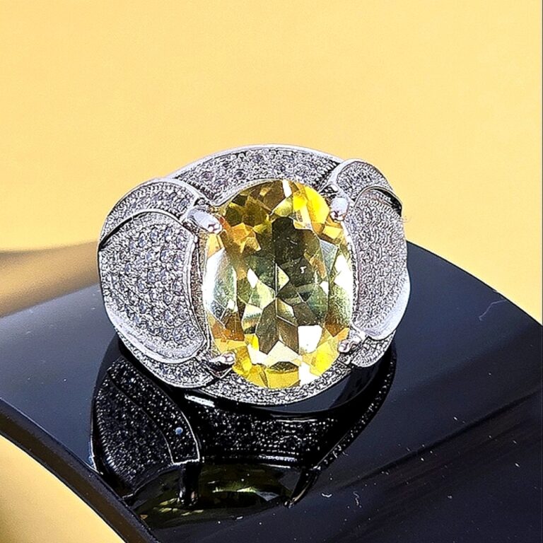 Natural Lemon Quartz 15x11mm & CZ 925 Sterling Silver Ring Sz 8.5