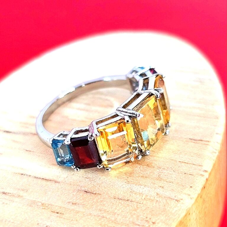 Natural Citrine, Garnet & Blue Topaz 925 Sterling Silver Ring Sz 7.75