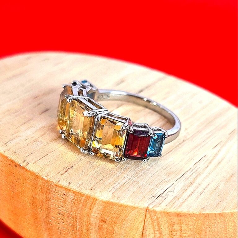 Natural Citrine, Garnet & Blue Topaz 925 Sterling Silver Ring Sz 7.75