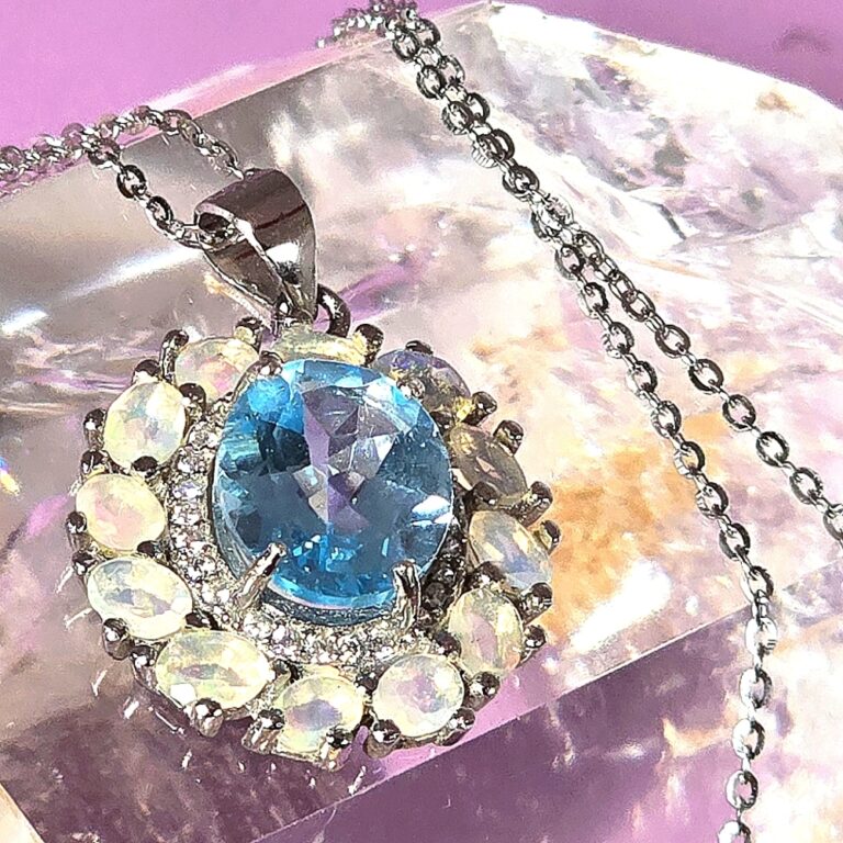 Natural Blue Topaz 11x9mm & Fire Opal Gemstone 925 Sterling Silve Necklace