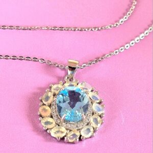 Natural Blue Topaz 11x9mm & Fire Opal Gemstone 925 Sterling Silve Necklace