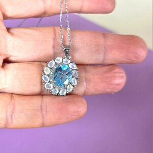 Natural Blue Topaz 11x9mm & Fire Opal Gemstone 925 Sterling Silve Necklace