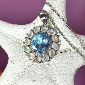 Natural Blue Topaz 11x9mm & Fire Opal Gemstone 925 Sterling Silve Necklace