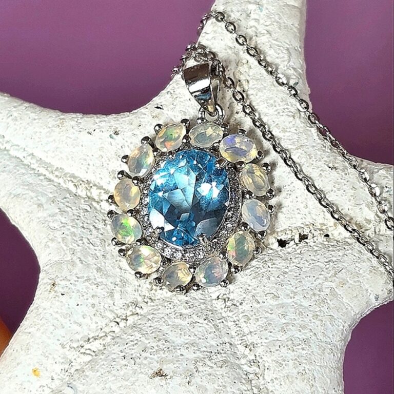 Natural Blue Topaz 11x9mm & Fire Opal Gemstone 925 Sterling Silve Necklace