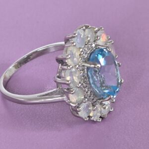 Natural Blue Topaz 11x9mm & Fire Opal Gemstone 925 Sterling Silver Ring Sz 8